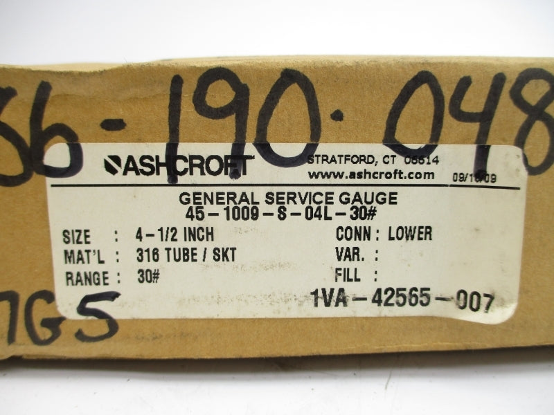 ASHCROFT 45-1009-S-04L-30# 0-30PSI 4-1/2" NSMP
