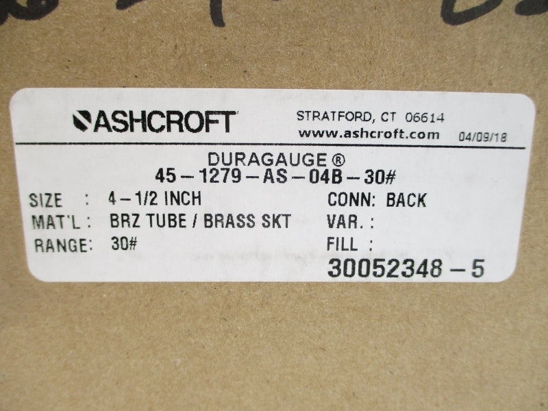 ASHCROFT 45-1279-AS-04B-30# 0-30PSI 4-1/2" NSMP