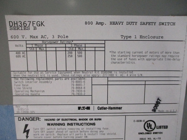 EATON DH367FGK SER. B 600VAC 800A NSNP
