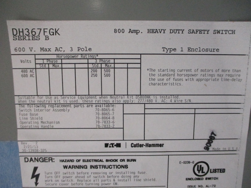 EATON DH367FGK SER. B 600VAC 800A NSNP
