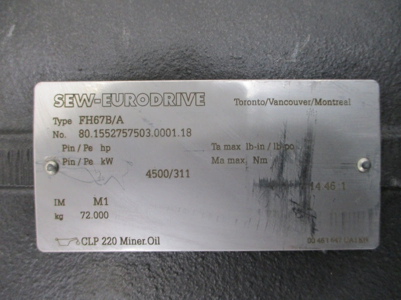 SEW-EURODRIVE FH67BCMP112S/KY/VR/RH1M/KK W/ CMP112VR FH67B/A 400V 45.50A NSNP