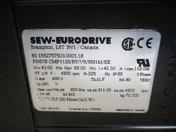 SEW-EURODRIVE FH67BCMP112S/KY/VR/RH1M/KK W/ CMP112VR FH67B/A 400V 45.50A NSNP