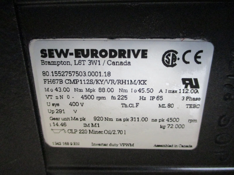 SEW-EURODRIVE FH67BCMP112S/KY/VR/RH1M/KK W/ CMP112VR FH67B/A 400V 45.50A NSNP