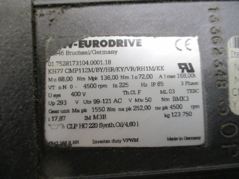 SEW-EURODRIVE KHCMP112M/BY/HR/KY/VR/RH1M/KK W/ CMP112/BY14VR 400V 168.00A NSNP
