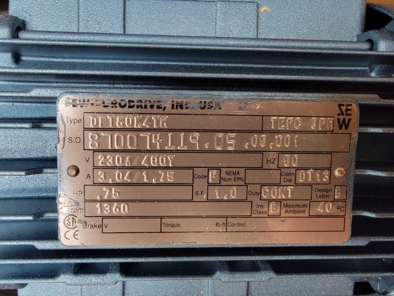 SEW-EURODRIVE S37DT80K4TH W/ DFT80K4TH 230/400V 3.04/1.75A NSMP