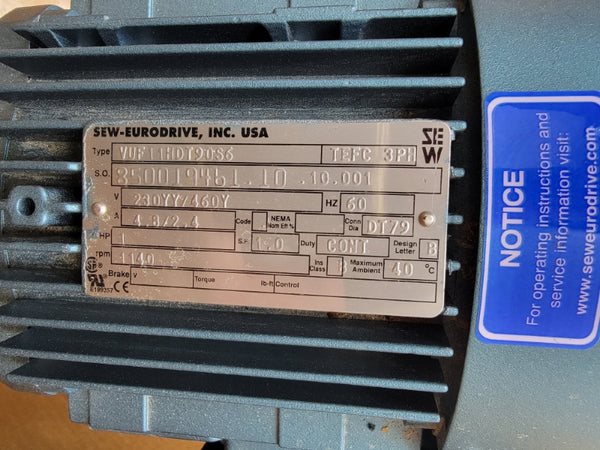 SEW-EURODRIVE R37VU11HDT90S6 W/ VUF11HDT90S6 230/460V 4.8/2.4A NSMP