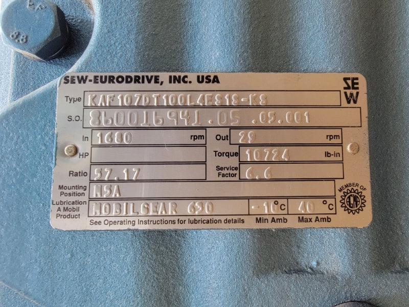 SEW-EURODRIVE KAF107DT100L4ES1S-KS W/ DFT100L4ES1S-KS 230/460V 13.6/6.8A NSMP