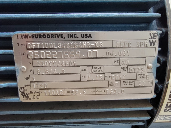 SEW-EURODRIVE S67DT100LS4BHG4HR-KS W/ DFT100LS4BMG4HR-KS 230/460V 8.6/4.3A NSNP