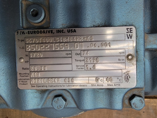 SEW-EURODRIVE S67DT100LS4BHG4HR-KS W/ DFT100LS4BMG4HR-KS 230/460V 8.6/4.3A NSNP