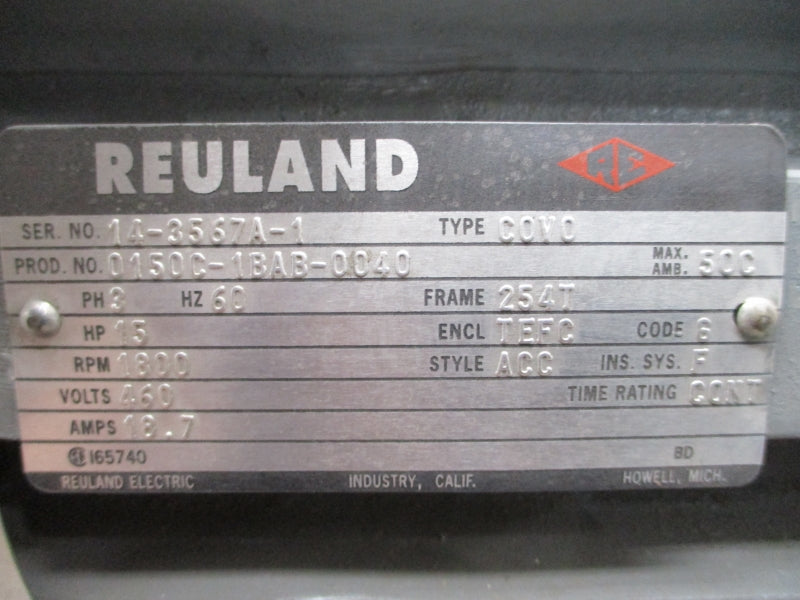 REULAND ELECTRIC 0150C-1BAB-0040 W/ 0CCA-L16N20-00 460V 18.7A NSNP