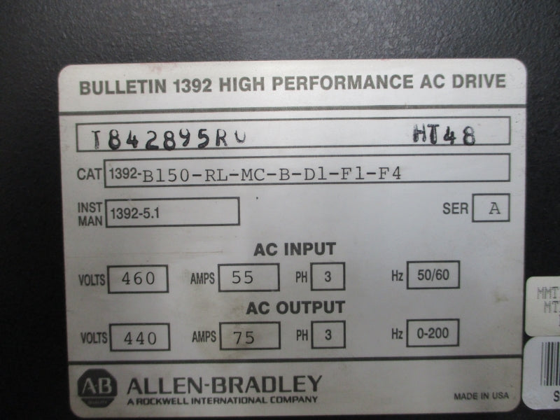 ALLEN BRADLEY 1392-B150-RL-MC-B-D1-F1-F4 SER. A 440/460V 55/75A UNMP