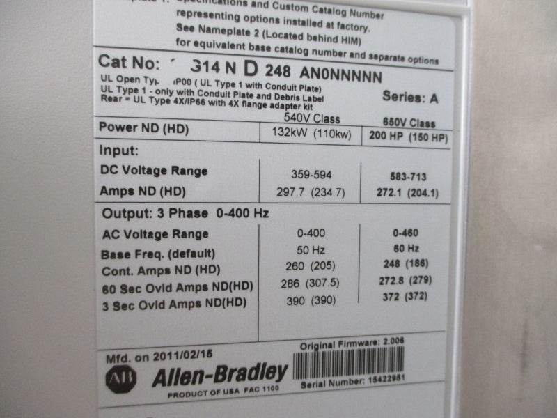 ALLEN BRADLEY 20G14ND248AN0NNNNN SER. A 650VDC 248A NSMP