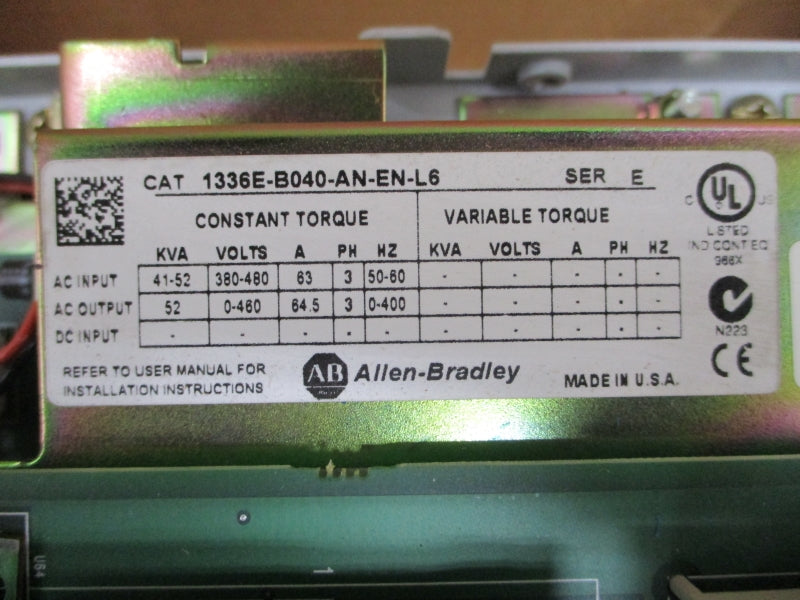 ALLEN BRADLEY 1336E-B040-AN-EN-L6 SER. E 380-480VAC 64.5A REMAN