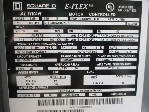 SQUARE D 8839EFDJH4VY SER. B 460V 17.6A NSNP