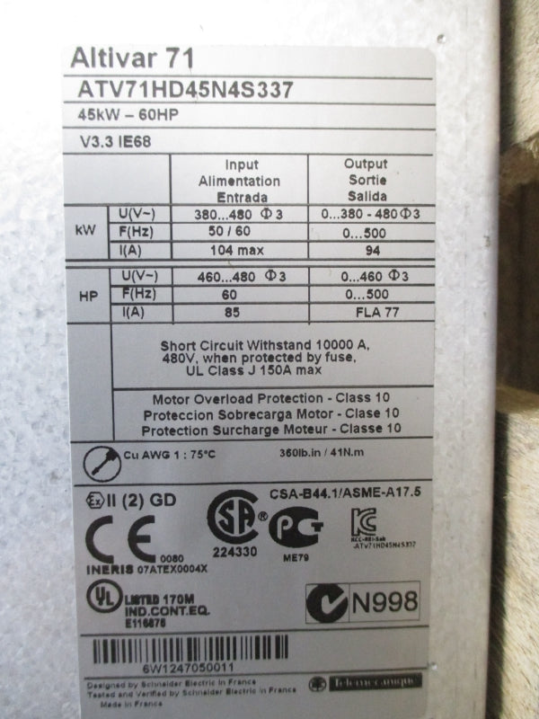 SCHNEIDER ELECTRIC ATV71HD45N4S337 380-480V 104A UNMP