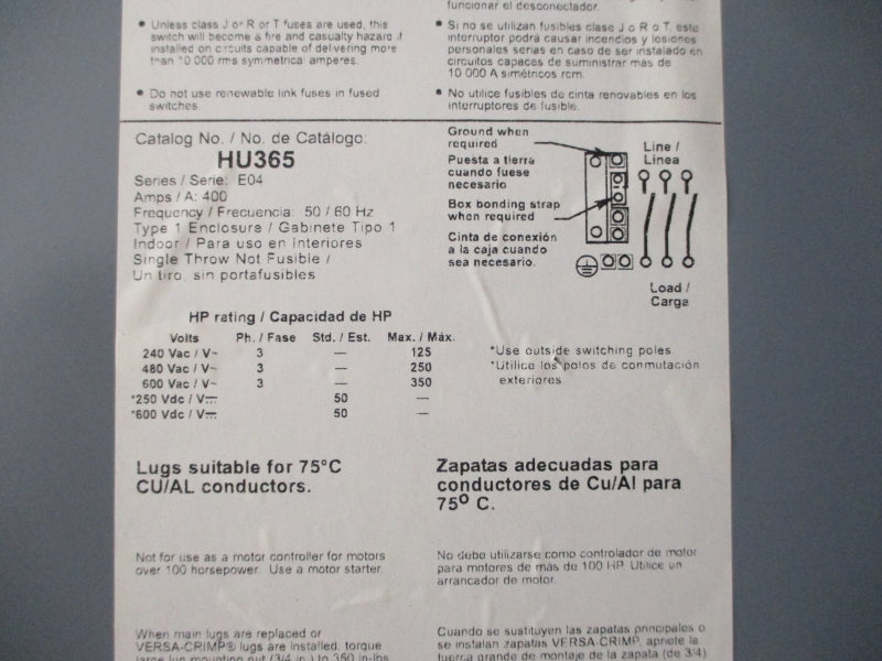 SQUARE D HU365 SER. E04 600VAC 400A NSMP