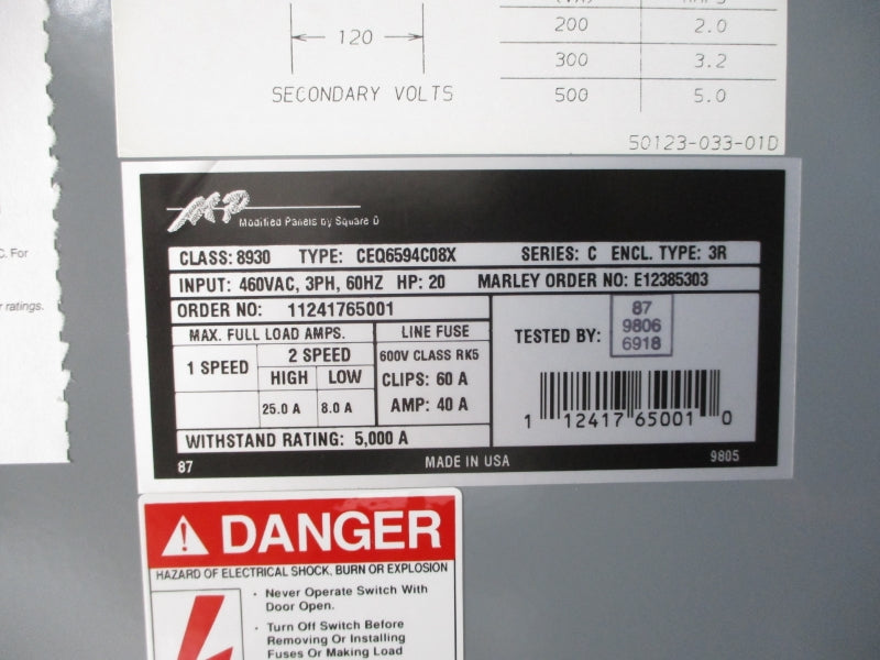 SQUARE D 8930CEQ6594C08X SER. C 460VAC 40A NSMP