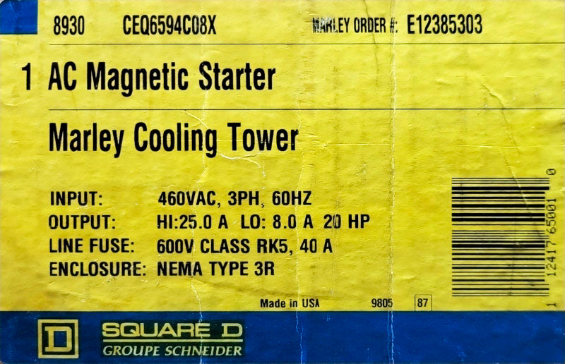 SQUARE D 8930CEQ6594C08X SER. C 460VAC 40A NSMP