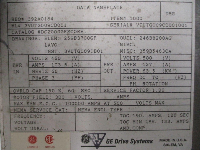 GENERAL ELECTRIC 3VUTG009IB01 DC2000GFSCORE 460V 103.6A NSNP