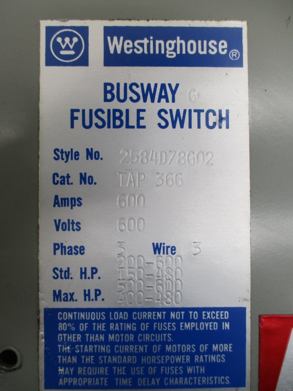 WESTINGHOUSE TAP366 2584D78G02 600V 600A NSNP