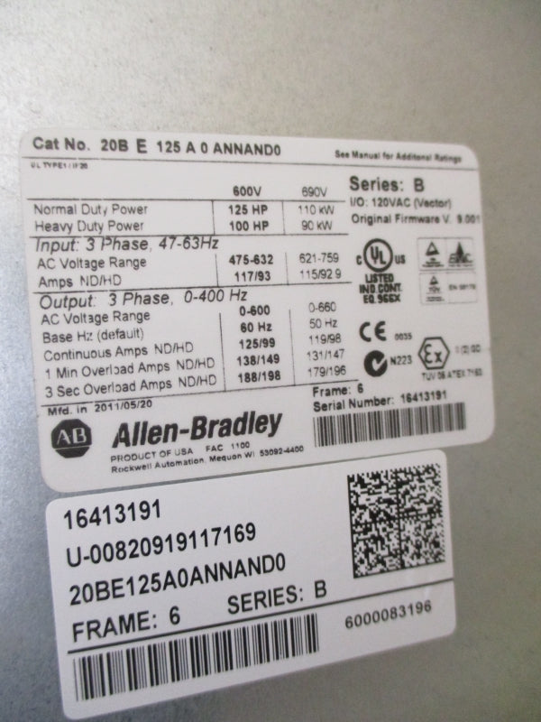 ALLEN BRADLEY 20BE125A0ANNAND0 SER. B F/W 9.001 600VAC 125A NSMP