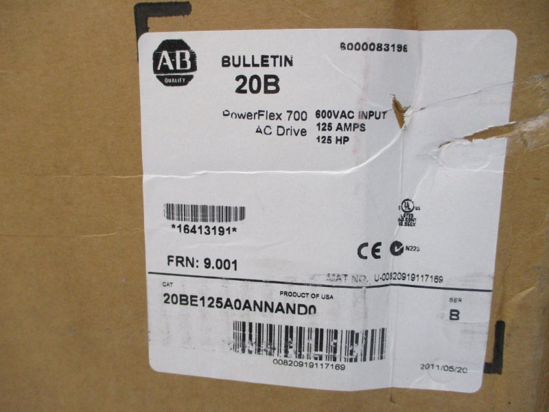 ALLEN BRADLEY 20BE125A0ANNAND0 SER. B F/W 9.001 600VAC 125A NSMP