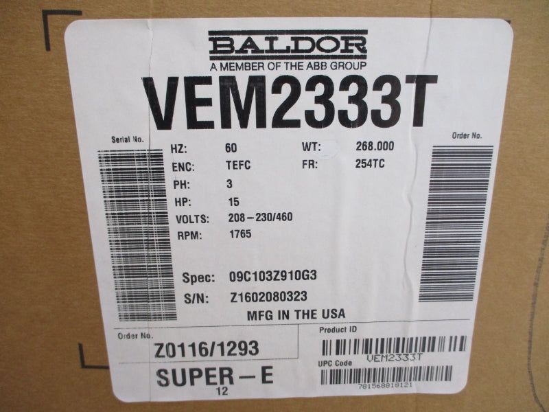 BALDOR RELIANCE VEM2333T 09C103Z910G3 208-230/460V 38-36.2/18.1A NSMP