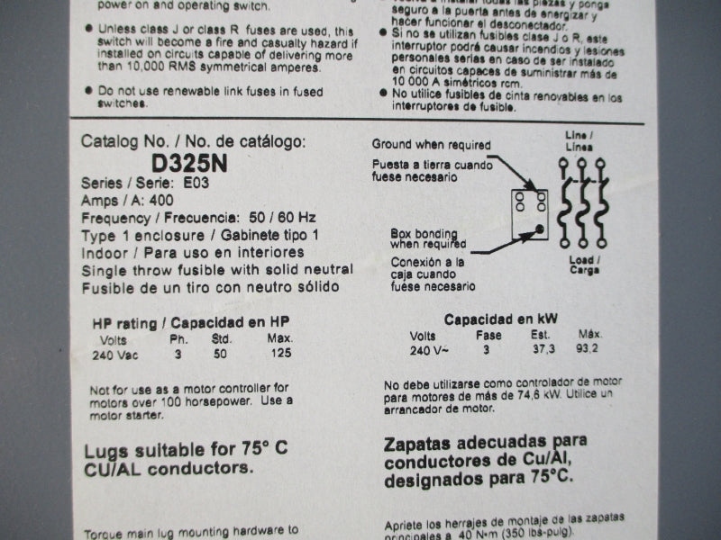 SQUARE D D325N SER. E03 240VAC 400A (AS PICTURED) NSNP