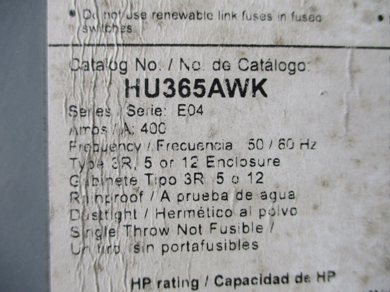 SQUARE D HU365AWK SER. E04 600VAC 400A NSNP