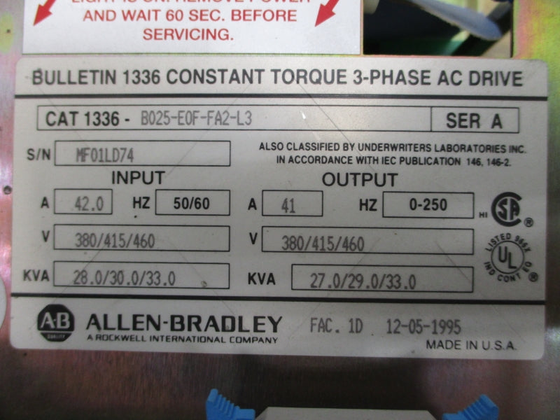 ALLEN BRADLEY 1336-B025-E0F-FA2-L3 SER. A 380/415/460V 42.0A UNMP