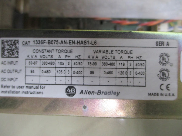 ALLEN BRADLEY 1336F-B075-AN-EN-HAS1-L6 SER. A F/W V3.002 380-480VAC 105A NSMP