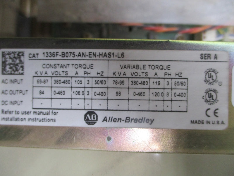 ALLEN BRADLEY 1336F-B075-AN-EN-HAS1-L6 SER. A F/W V3.002 380-480VAC 105A NSMP