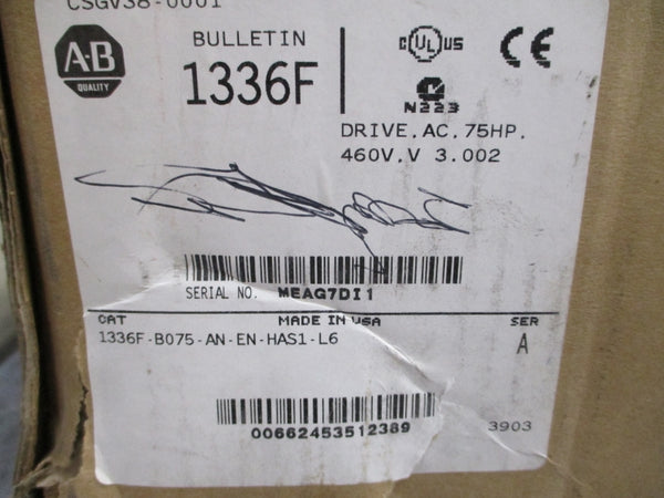 ALLEN BRADLEY 1336F-B075-AN-EN-HAS1-L6 SER. A F/W V3.002 380-480VAC 105A NSMP