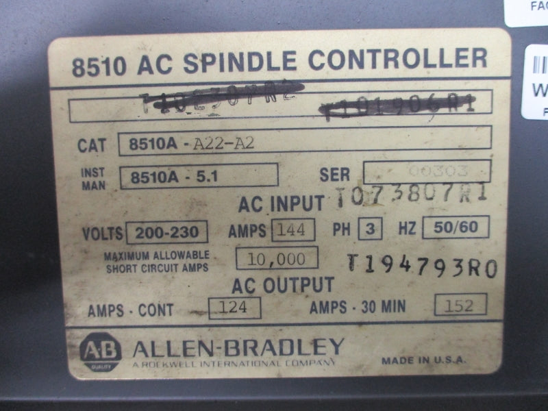 ALLEN BRADLEY 8510A-A22-A2 200-230V 144A REMAN