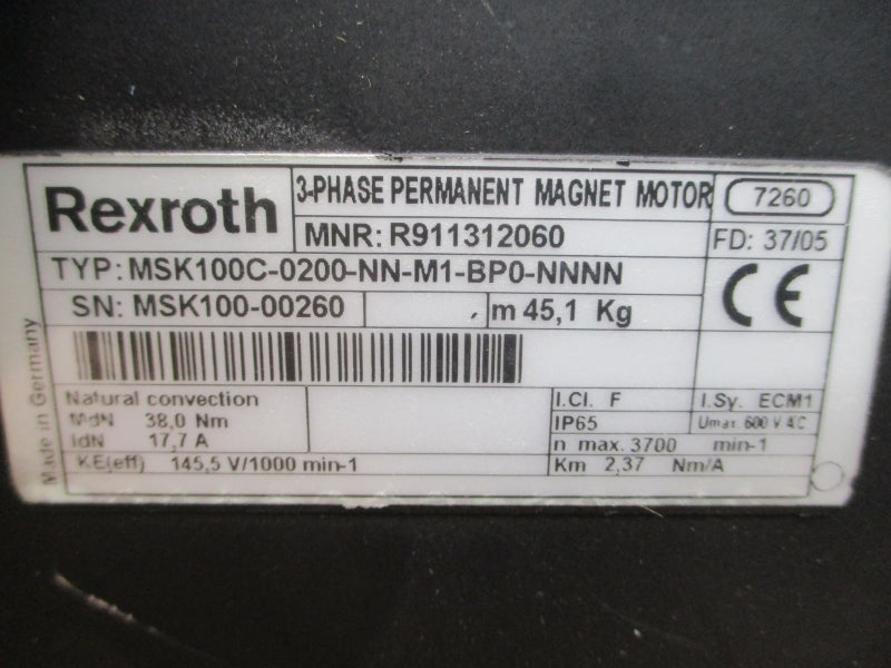 REXROTH MSK100C-0200-NN-M1-BP0-NNNN R911312060 600VAC 17.7A NSNP