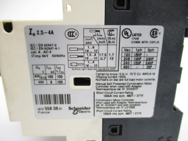 TELEMECANIQUE GV2-P08H7 480VAC 2.5-4A (AS PICTURED) NSNP