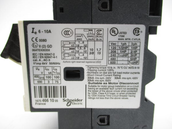 TELEMECANIQUE GV2ME14 600VAC 6-10A NSNP