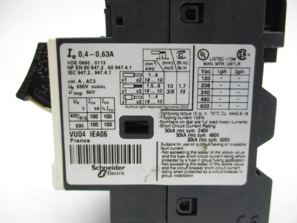 TELEMECANIQUE GV2ME04 600VAC 0.40-0.63A NSNP