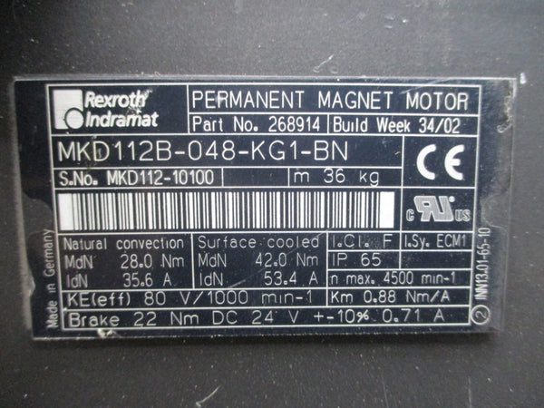 REXROTH INDRAMAT MKD112B-048-KG1-BN 268914 24VDC 35.6/53.4A NSMP