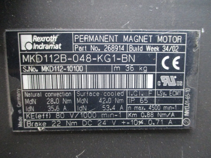 REXROTH INDRAMAT MKD112B-048-KG1-BN 268914 24VDC 35.6/53.4A NSMP