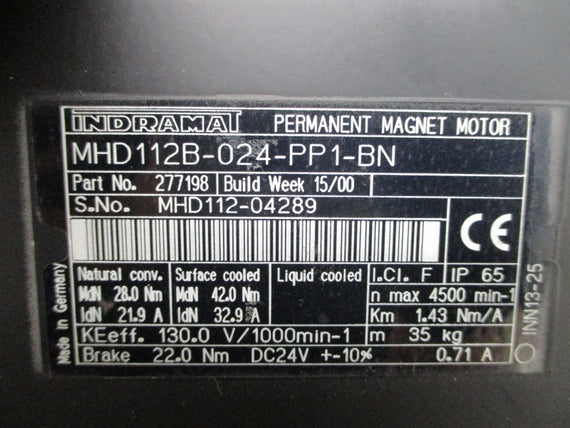 REXROTH INDRAMAT MHD112B-024-PP1-BN 277198 24VDC 21.9/32.9A 4500RPM NSNP