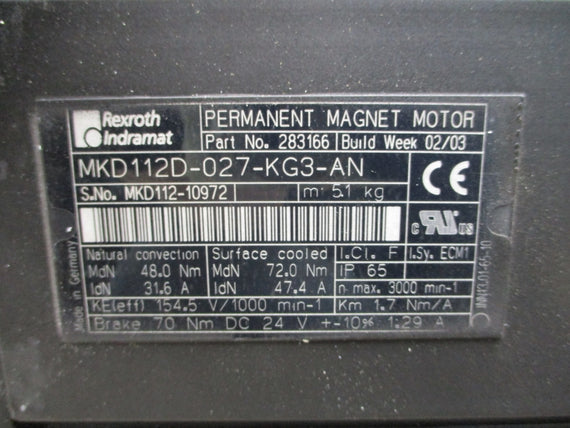 REXROTH INDRAMAT MKD112D-027-KG3-AN 283166 24VDC 31.6/47.4A NSMP