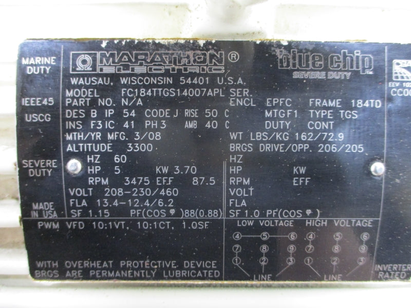 MARATHON ELECTRIC 184TTGS14007 208-230/460V 13.4-12.4/6.2A NSMP