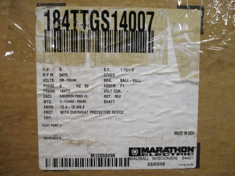 MARATHON ELECTRIC 184TTGS14007 208-230/460V 13.4-12.4/6.2A NSMP