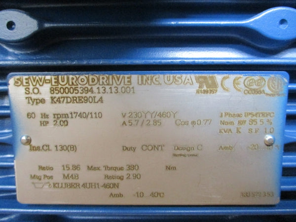 SEW-EURODRIVE K47DRE90L4 230/460V 5.7/2.85A NSMP