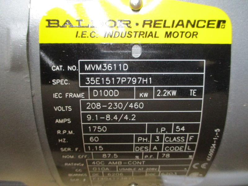 BALDOR RELIANCE MVM3611D 36H938-1868G1 208-230/460V 9.1-8.4/4.2A NSMP