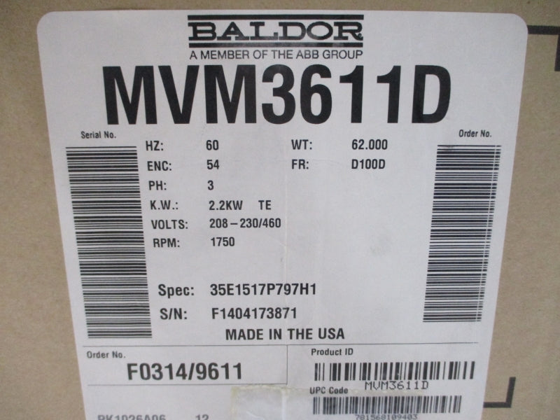BALDOR RELIANCE MVM3611D 36H938-1868G1 208-230/460V 9.1-8.4/4.2A NSMP