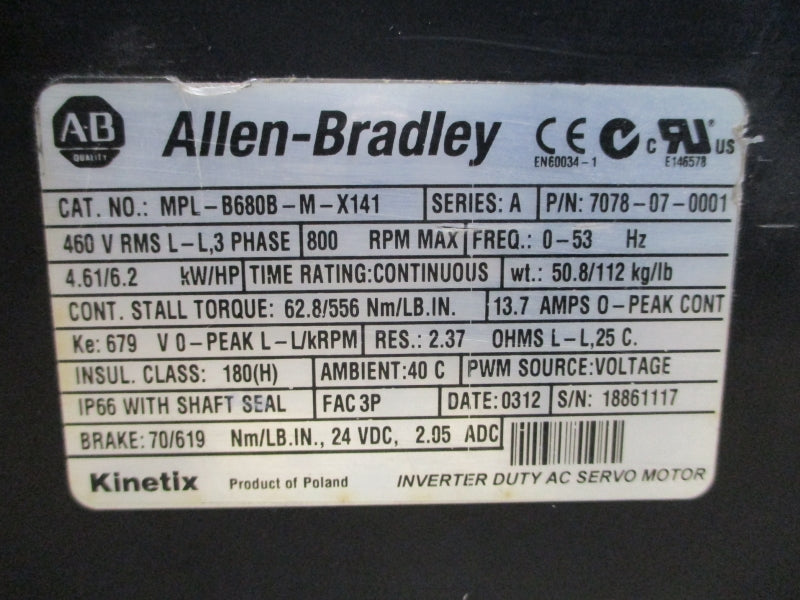 ALLEN BRADLEY MPL-B680B-M-X141 SER. A 460V 13.7A UNMP