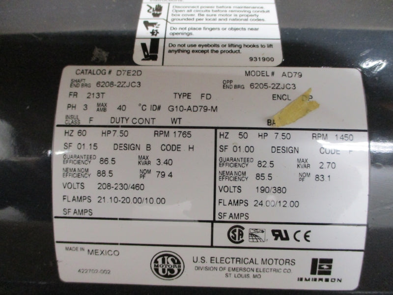 US MOTORS AD79 D7E2D 208-230/460V 21.10-20.00/10.00A NSMP