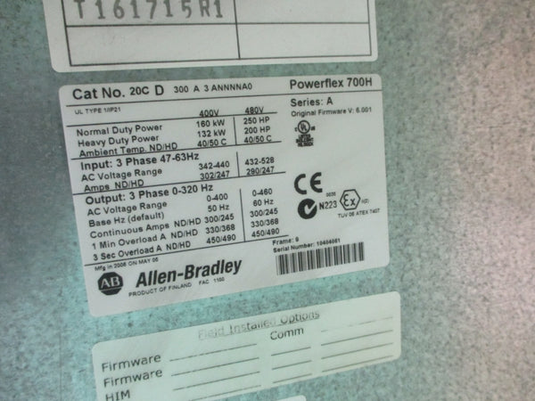 ALLEN BRADLEY 20CD300A3ANNNNA0 SER. A F/W 6.001 342-440VAC 300/245A REMAN